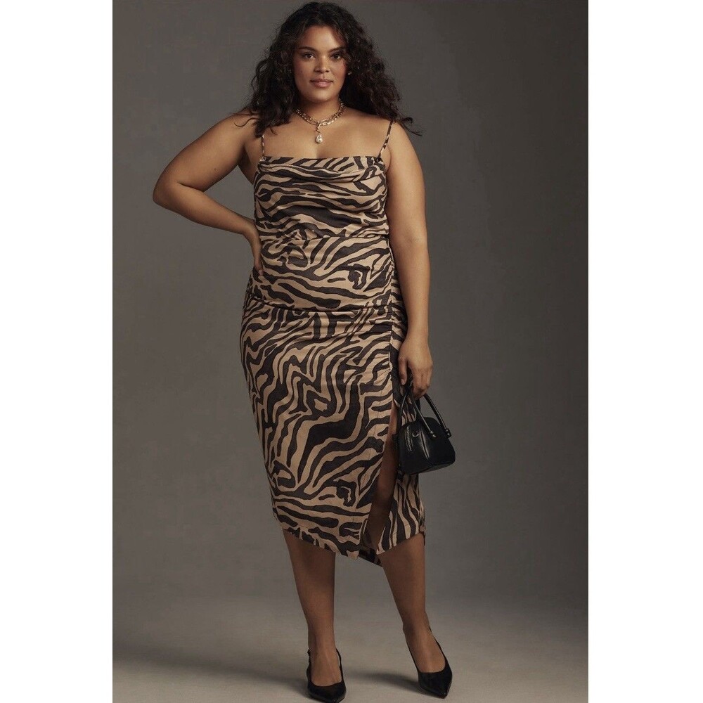 Anthropologie Sleeveless Draped Back Asymmetrical Midi Dress 16W Brown Pattern